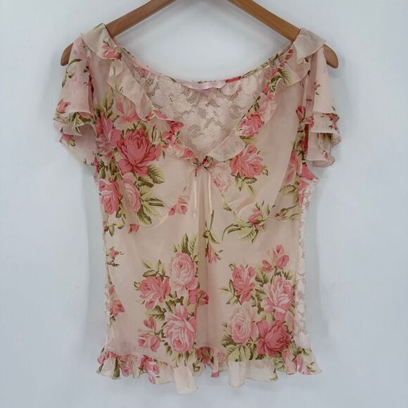 Vintage Y2K Victoria’s Secret Floral Lace Pajama Set Pink Rose Print Size Large - Picture 2 of 11